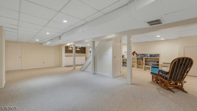 11 Carteret Trl, Bernards Twp, NJ 07920 - finished basement featuring a drop ceiling, carpet, stairs, and recessed lighting