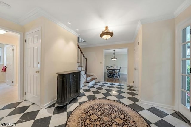 11 Carteret Trl, Bernards Twp, NJ 07920 - corridor with stairway, crown molding, and light flooring