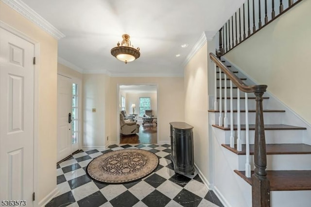 11 Carteret Trl, Bernards Twp, NJ 07920 - foyer entrance featuring stairs, ornamental molding, and tile patterned floors