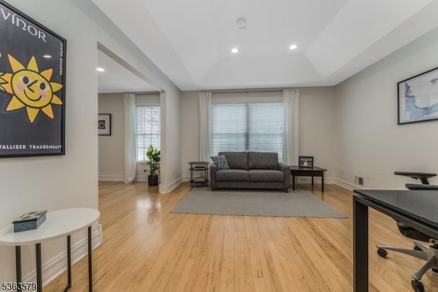 22 La Costa Dr, Clinton Twp, NJ 08801 - living area featuring light wood-style floors, a tray ceiling, recessed lighting, and a desk