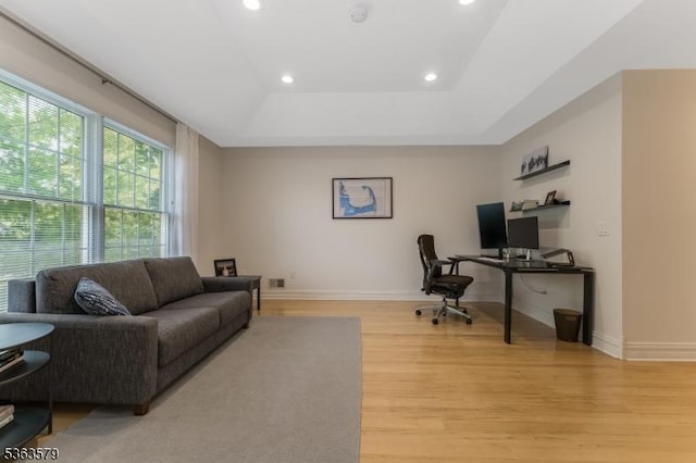 22 La Costa Dr, Clinton Twp, NJ 08801 - office space featuring light wood-style flooring, recessed lighting, and a tray ceiling