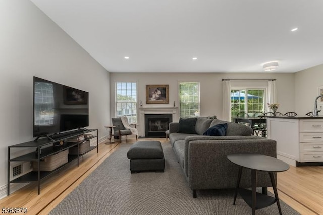 22 La Costa Dr, Clinton Twp, NJ 08801 - living area featuring light wood-type flooring, a glass covered fireplace, and recessed lighting