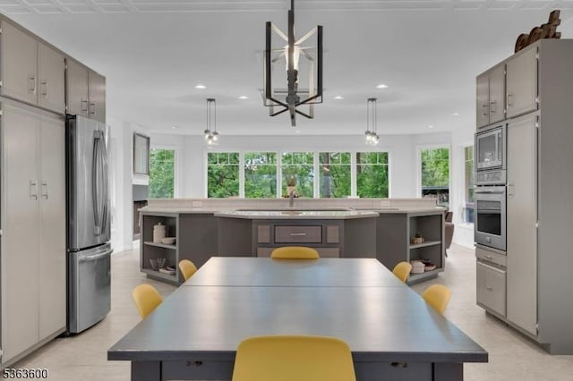 525 Watters Rd, Mansfield Twp, NJ 07840 - kitchen with appliances with stainless steel finishes, open shelves, an island with sink, gray cabinets, and recessed lighting