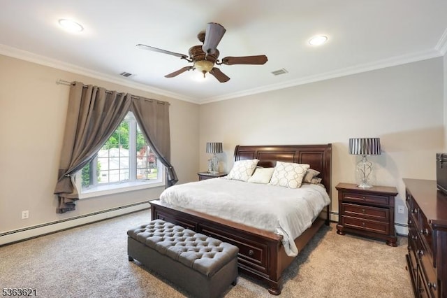 44 Shetland Dr, Clark Twp, NJ 07066 - bedroom featuring light carpet, baseboard heating, crown molding, a ceiling fan, and recessed lighting