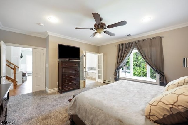 44 Shetland Dr, Clark Twp, NJ 07066 - bedroom featuring crown molding, light carpet, a baseboard heating unit, recessed lighting, and a ceiling fan
