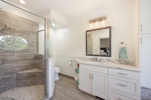 44 Shetland Dr, Clark Twp, NJ 07066 - full bath featuring vanity, a stall shower, wood finished floors, and recessed lighting