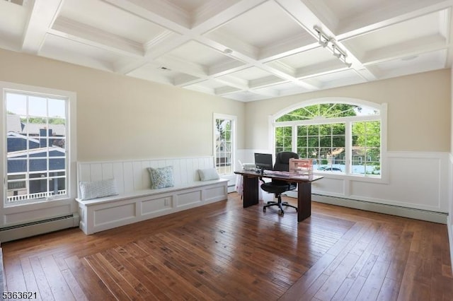 44 Shetland Dr, Clark Twp, NJ 07066 - office space with baseboard heating, coffered ceiling, hardwood / wood-style floors, wainscoting, and beam ceiling