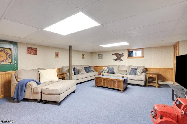 44 Shetland Dr, Clark Twp, NJ 07066 - carpeted living room with a drop ceiling, wooden walls, a baseboard heating unit, and wainscoting