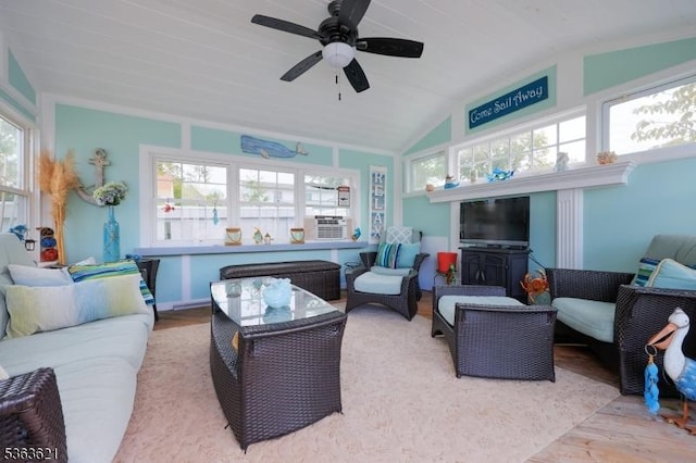 44 Shetland Dr, Clark Twp, NJ 07066 - living room featuring wood finished floors, vaulted ceiling, and ceiling fan