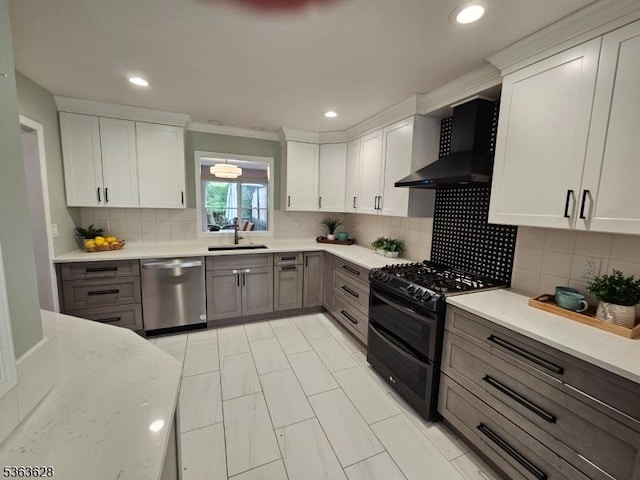 22 Flemming Dr, Hillsborough Twp, NJ 08844 - kitchen with dishwasher, wall chimney range hood, double oven range, a sink, and backsplash