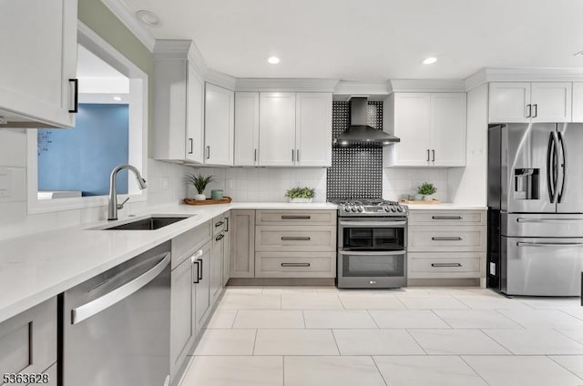 22 Flemming Dr, Hillsborough Twp, NJ 08844 - kitchen with appliances with stainless steel finishes, wall chimney exhaust hood, decorative backsplash, light countertops, and recessed lighting