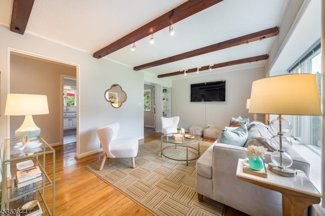 27 Brook Rd, New Providence Boro, NJ 07974 - living room featuring track lighting, beam ceiling, and wood finished floors