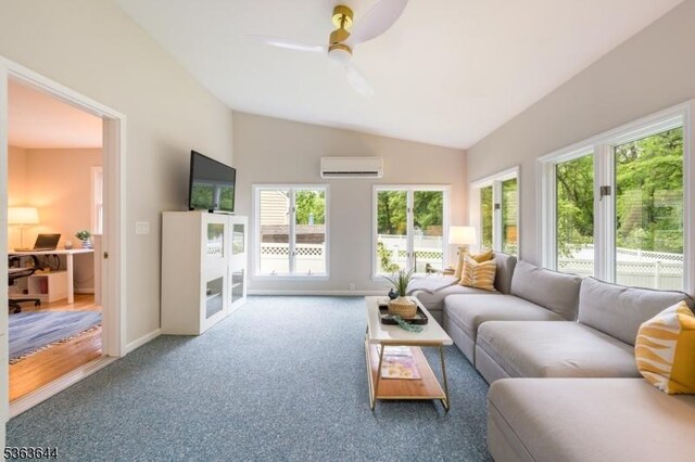 27 Brook Rd, New Providence Boro, NJ 07974 - living room with an AC wall unit, ceiling fan, carpet floors, and vaulted ceiling