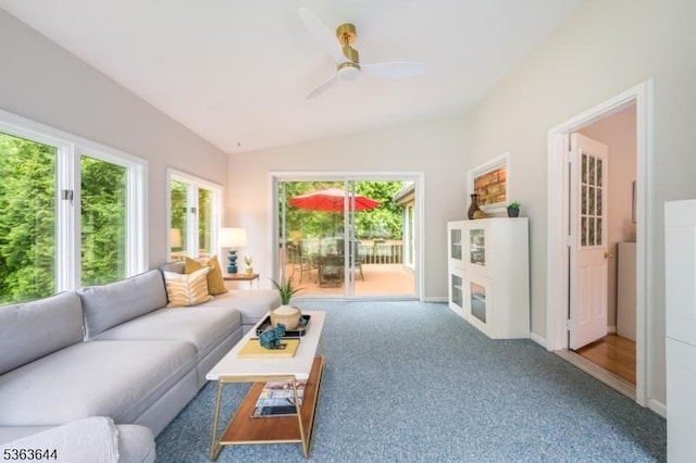 27 Brook Rd, New Providence Boro, NJ 07974 - carpeted living room with a ceiling fan and vaulted ceiling