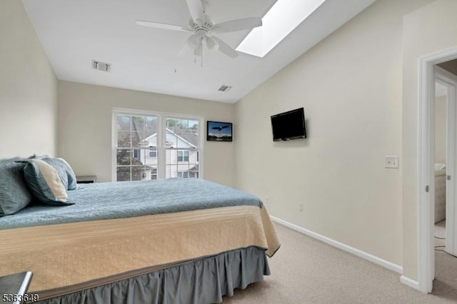 1111 Worthington Ct, Denville Twp, NJ 07834 - bedroom featuring light colored carpet, vaulted ceiling, a skylight, and ceiling fan