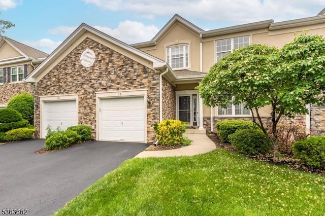 15 Fernwood Ct, Readington Twp, NJ 08889 - view of front of house with stone siding, driveway, stucco siding, a garage, and a front yard