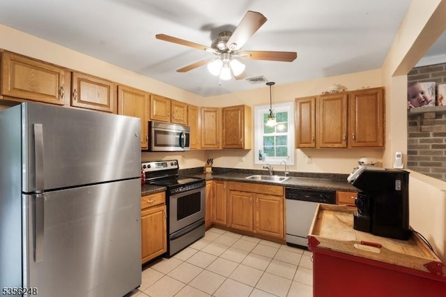 54 Stevens Trl, Hopatcong Boro, NJ 07843 - kitchen featuring appliances with stainless steel finishes, a ceiling fan, a sink, light tile patterned floors, and hanging light fixtures