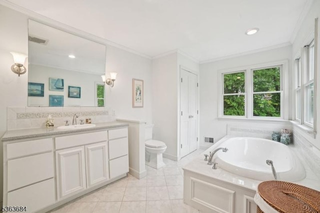 135 Weston Ave, Chatham Boro, NJ 07928 - bathroom featuring vanity, a bath, healthy amount of natural light, ornamental molding, and backsplash
