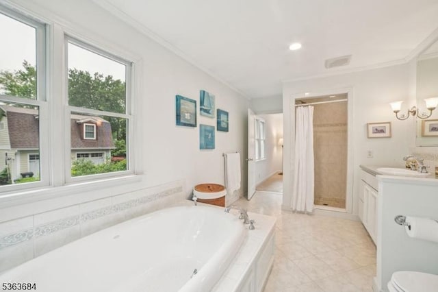 135 Weston Ave, Chatham Boro, NJ 07928 - full bath featuring ornamental molding, a garden tub, a shower stall, vanity, and plenty of natural light