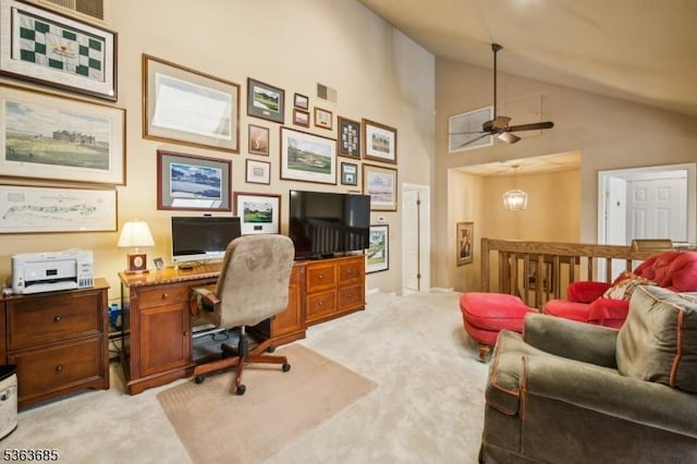 48 Dexter Dr N, Bernards Twp, NJ 07920 - home office featuring light colored carpet, a ceiling fan, and high vaulted ceiling