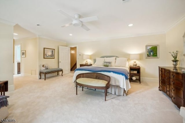 48 Dexter Dr N, Bernards Twp, NJ 07920 - bedroom featuring crown molding, light carpet, recessed lighting, and ceiling fan