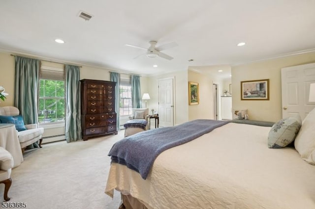 48 Dexter Dr N, Bernards Twp, NJ 07920 - carpeted bedroom featuring crown molding, recessed lighting, a ceiling fan, and a baseboard radiator
