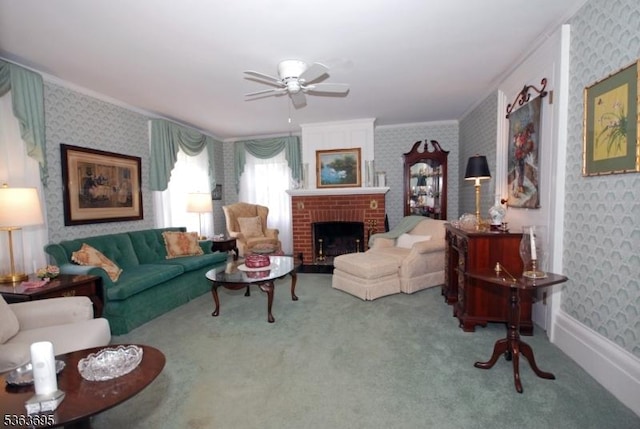 1135 State Route 28, Branchburg Twp, NJ 08876 - carpeted living room with ornamental molding, wallpapered walls, a ceiling fan, and a fireplace