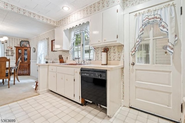 6 Penn Ave, Andover Twp, NJ 07860 - kitchen with dishwasher, wallpapered walls, light countertops, white cabinets, and light carpet