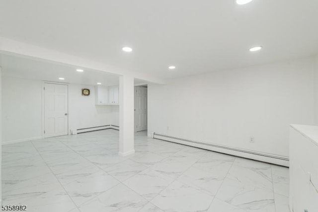 65 Beechwood Ave, Parsippany-Troy Hills Twp, NJ 07034 - finished below grade area featuring a baseboard radiator, recessed lighting, baseboard heating, and light marble finish floors