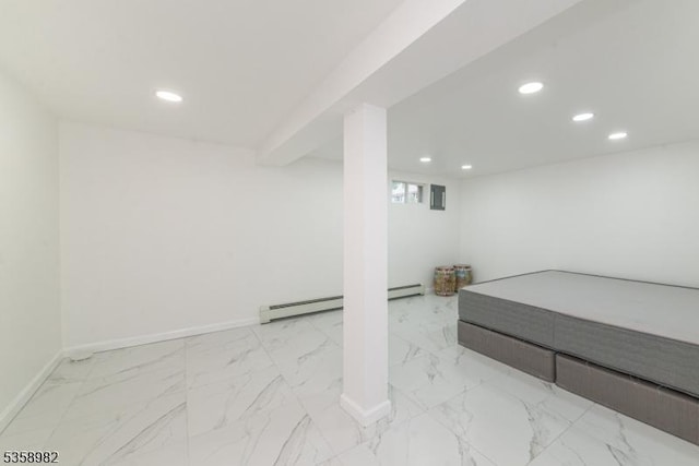 65 Beechwood Ave, Parsippany-Troy Hills Twp, NJ 07034 - basement with recessed lighting, baseboard heating, a baseboard heating unit, and light marble finish floors