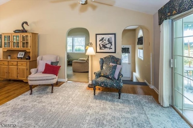 130 Lake Iliff Rd, Andover Twp, NJ 07860 - sitting room with arched walkways, wood finished floors, a ceiling fan, vaulted ceiling, and plenty of natural light