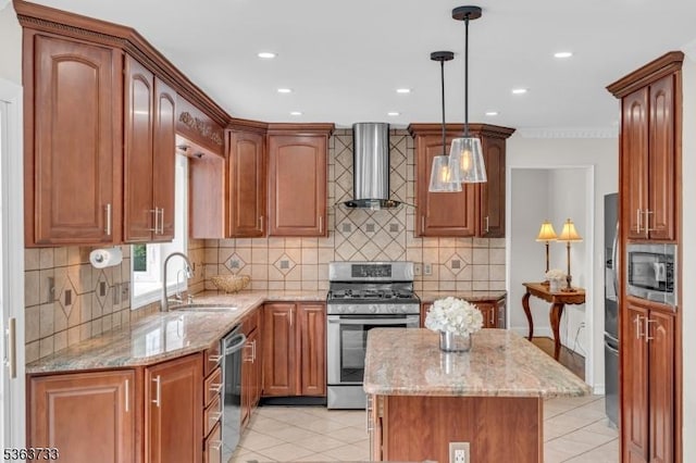 750 Saint Georges Rd, Bridgewater Twp, NJ 08807 - kitchen with stainless steel appliances, wall chimney range hood, light tile patterned floors, light stone countertops, and recessed lighting