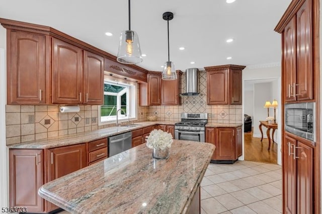 750 Saint Georges Rd, Bridgewater Twp, NJ 08807 - kitchen with wall chimney range hood, appliances with stainless steel finishes, light stone countertops, hanging light fixtures, and recessed lighting