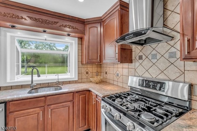 750 Saint Georges Rd, Bridgewater Twp, NJ 08807 - kitchen featuring wall chimney exhaust hood, gas range, backsplash, and light stone countertops