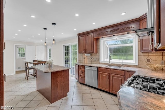 750 Saint Georges Rd, Bridgewater Twp, NJ 08807 - kitchen with dishwasher, light tile patterned flooring, tasteful backsplash, ornamental molding, and plenty of natural light