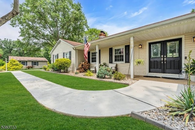 750 Saint Georges Rd, Bridgewater Twp, NJ 08807 - ranch-style house with a front lawn, a chimney, and a porch