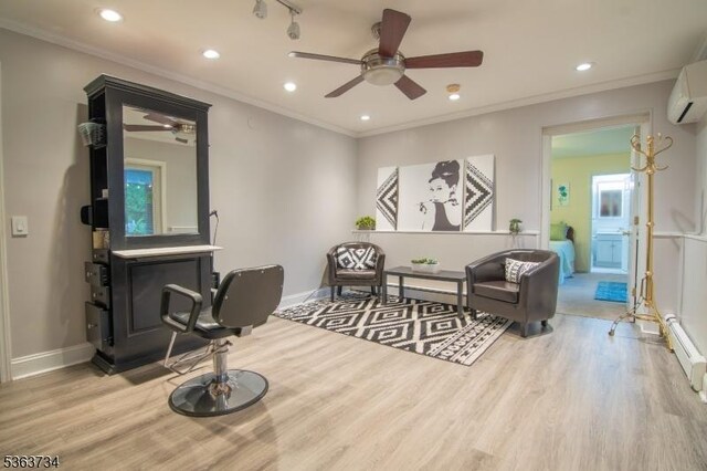127 Walnut Ave, Franklin Twp, NJ 08873 - sitting room with a ceiling fan, light wood-type flooring, ornamental molding, recessed lighting, and baseboard heating
