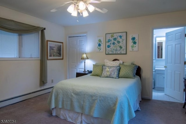 127 Walnut Ave, Franklin Twp, NJ 08873 - carpeted bedroom with baseboard heating, connected bathroom, ceiling fan, and a closet