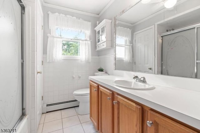 16 Hazen Rd, Mansfield Twp, NJ 07840 - bathroom featuring a baseboard radiator, tile patterned floors, a shower with door, vanity, and crown molding