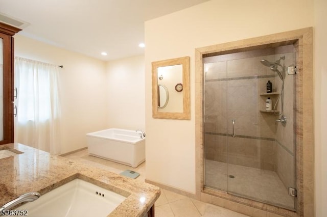 42 Bluffs Ct, Hamburg Boro, NJ 07419 - full bath with a shower stall, a tub, tile patterned floors, recessed lighting, and baseboards