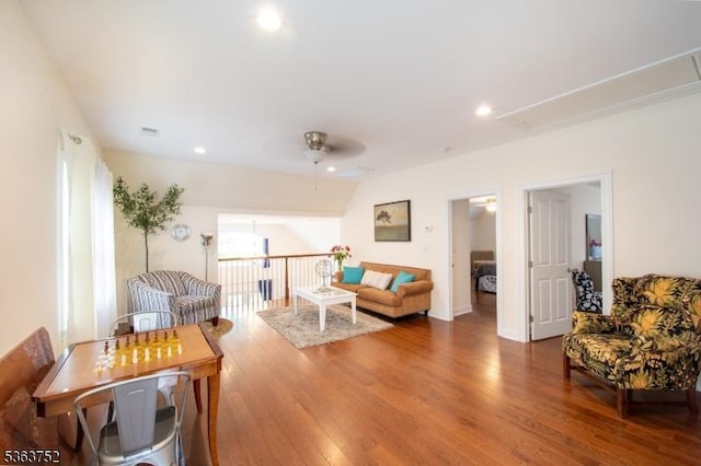 42 Bluffs Ct, Hamburg Boro, NJ 07419 - living area featuring attic access, ceiling fan, wood finished floors, and recessed lighting