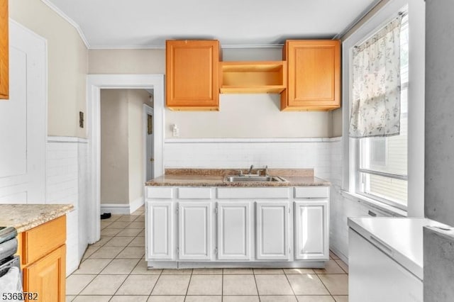 410-412 Kerrigan Blvd, Newark City, NJ 07106 - kitchen with a sink, crown molding, light tile patterned floors, light countertops, and wainscoting