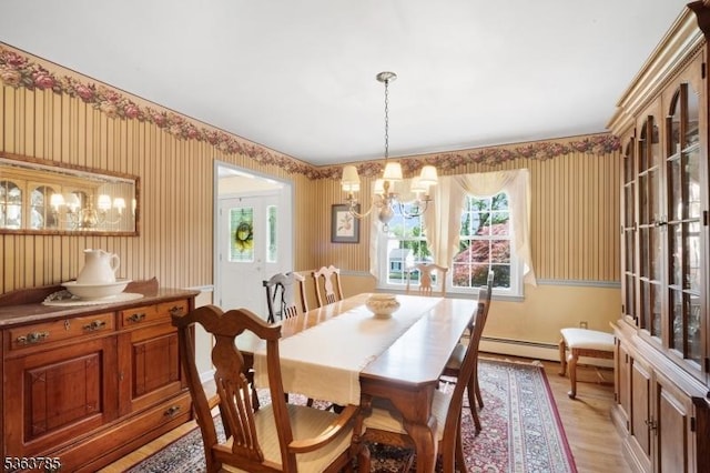 28 Douglas Dr, Washington Twp, NJ 07853 - dining room featuring a chandelier, light wood-style floors, a baseboard radiator, and wallpapered walls