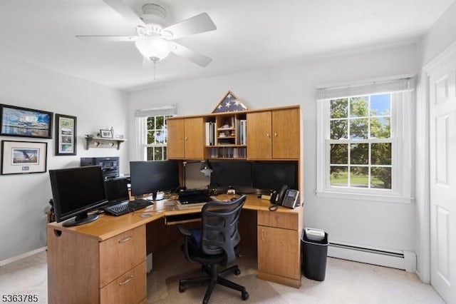 28 Douglas Dr, Washington Twp, NJ 07853 - home office with a baseboard heating unit, light carpet, and a ceiling fan