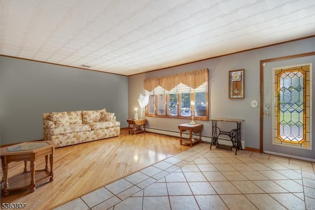 39 Mildred Ter, Clark Twp, NJ 07066 - living room with a baseboard radiator, crown molding, and wood finished floors
