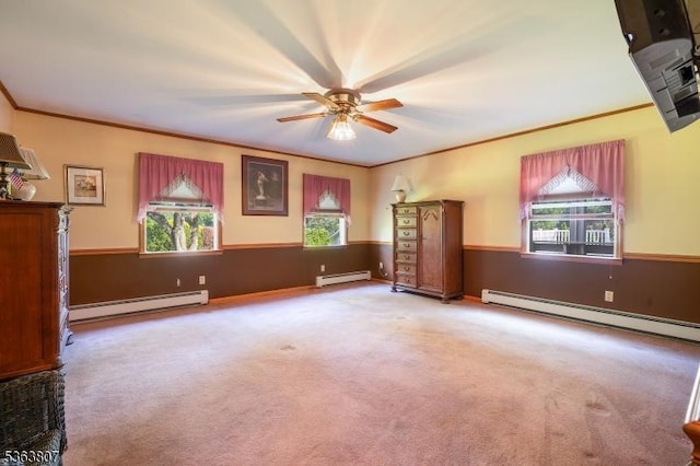 39 Mildred Ter, Clark Twp, NJ 07066 - carpeted empty room featuring baseboard heating, a ceiling fan, and ornamental molding