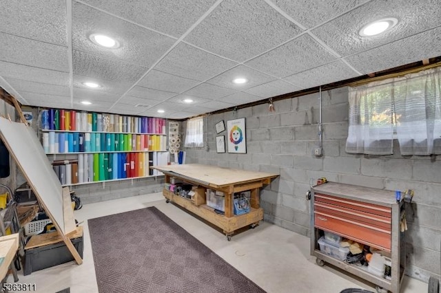 214 Glenside Pl, North Plainfield Boro, NJ 07060 - game room with concrete block wall, concrete flooring, and recessed lighting