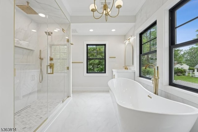 68 Irving Ave, Livingston Twp, NJ 07039 - full bath featuring a marble finish shower, crown molding, a freestanding bath, a chandelier, and marble look tiles