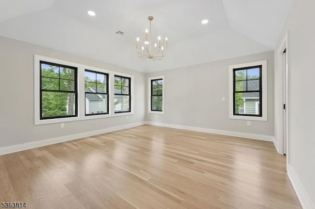 68 Irving Ave, Livingston Twp, NJ 07039 - empty room with a chandelier, light wood-style flooring, lofted ceiling, and recessed lighting