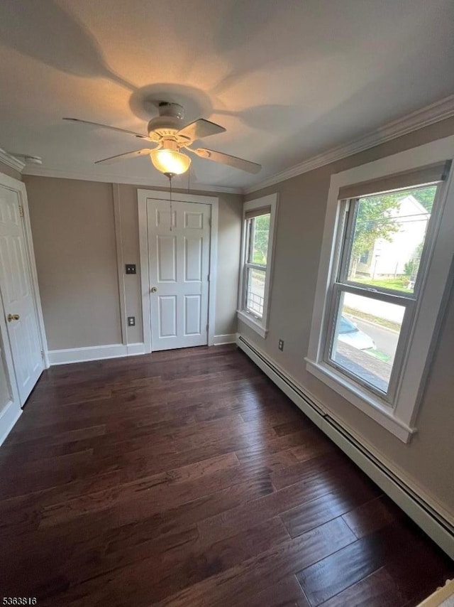 37 Cornish St, Washington Boro, NJ 07882 - unfurnished bedroom featuring a baseboard heating unit, dark wood-type flooring, ornamental molding, and a ceiling fan
